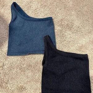 Savvi- One-Shoulder Ribbed Crop Tops - Blue
